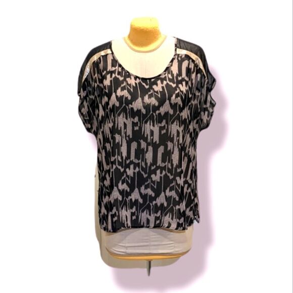 $5 Item! Addition Elle 18 Sheer Patterned Black and Tan Tunic with Gold Sequins - Picture 1 of 6